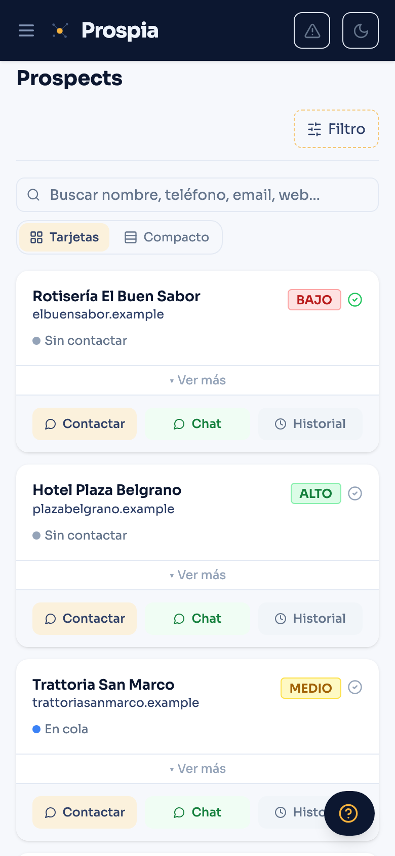 Prospia en el celular: la misma lista de empresas desde el navegador del teléfono